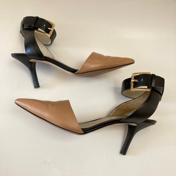 Michael KORS JULIETA Black Tan Leather Wide Ankle Strap Pointed Toe Slingback 8M - Picture 1 of 16